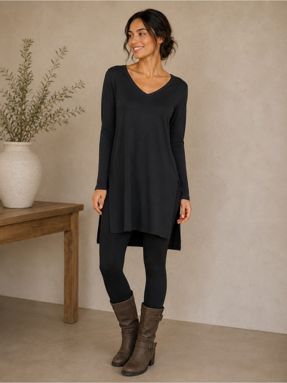 Karen Kane Tunic Dress Womens Medium Black V-Neck High-Low Side Slit